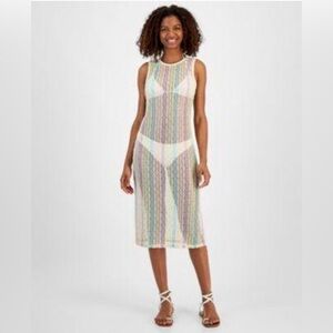 MIKEN Swim Cover-Up Womens Size M Dress Pastel Striped Crochet Sleeveless Beach
